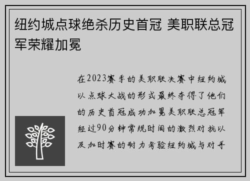 纽约城点球绝杀历史首冠 美职联总冠军荣耀加冕